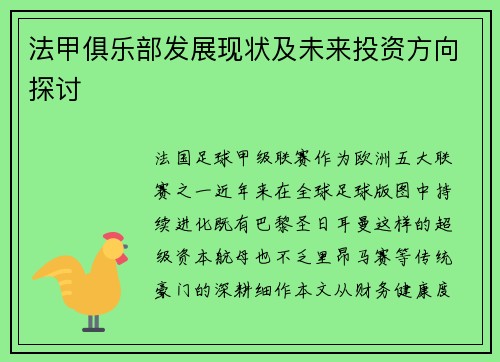 法甲俱乐部发展现状及未来投资方向探讨